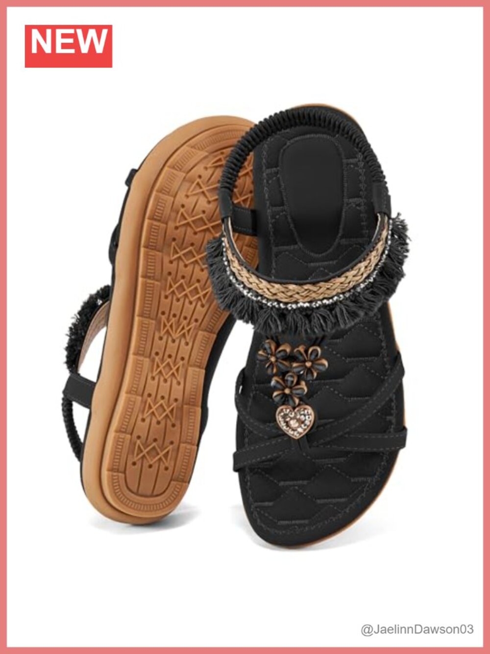 Bohemian Beaded Tassel Flat Sandals with Elastic Ankle Strap, Lightweight &